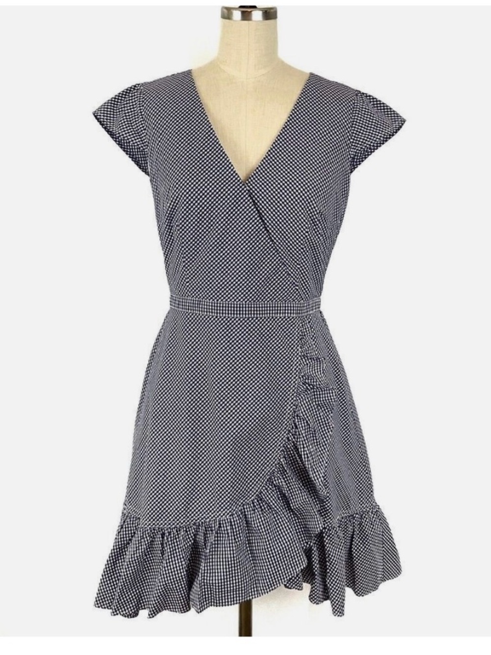 J. Crew Navy and White Gingham Wrap Mini Dress